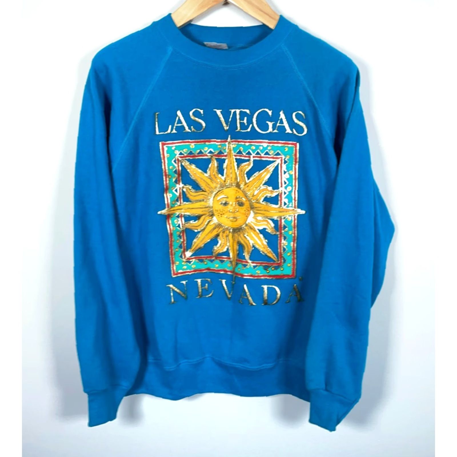 Hanes VINTAGE Hanes Sweatshirt Las Vegas Tribal Sun Blue 50/50 Raglan Sleeve Adult Large Crew Neck Graphic Print 90s City Retro Mens Size US L / EU 52-54 / 3 - 2 Thumbnail