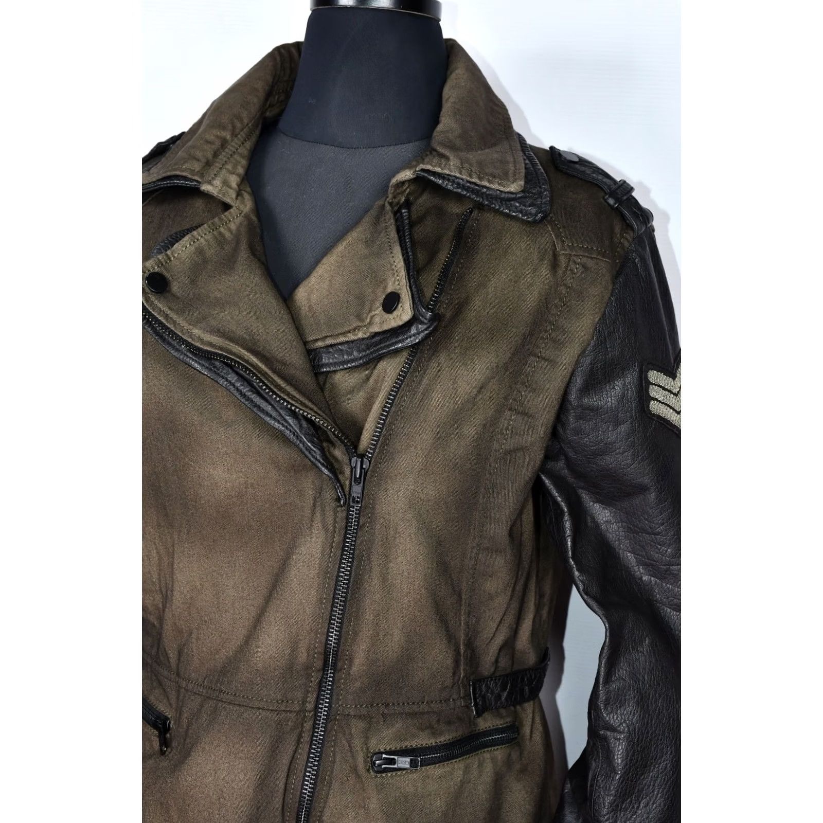 Vintage Rock’N Blue Jacket Women's XL Biker Green 100% Cotton / 100% Leather Long Sleeve Zip Military Inspired? Size XL / US 12-14 / IT 48-50 - 7 Thumbnail