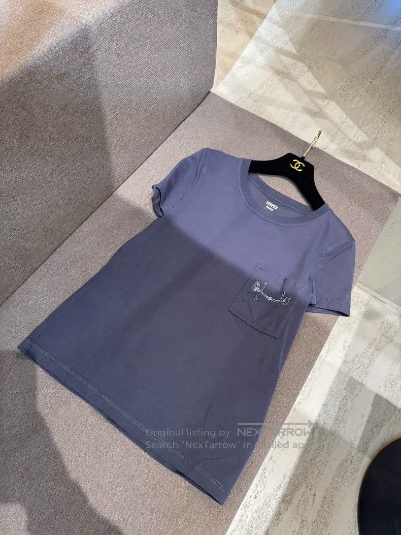 Hermes Dark Blue Single Pocket Embroidered T-shirt
