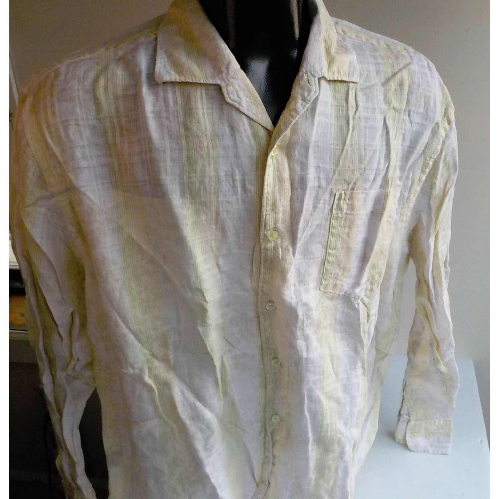 Tommy Bahama TOMMY BAHAMA Shirt XL 100% Linen Long Sleeve Button Front White/Yellow/Green Striped Collar Mens Size US XL / EU 56 / 4 - 2 Thumbnail