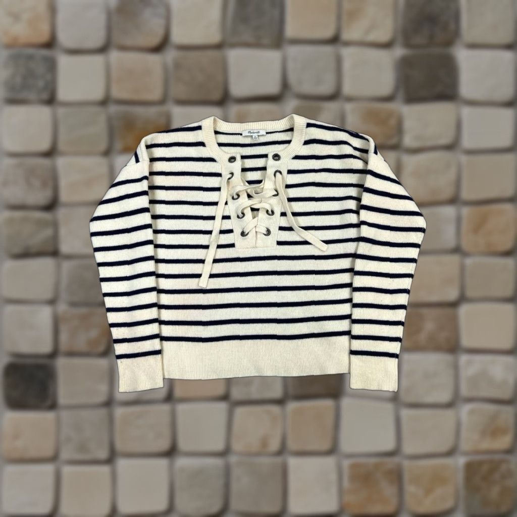 Madewell Madewell Sweater Womens XS White Blue Merino Wool Knit Pullover Striped Crew Neck Long Sleeve Casual Winter Spring Fall Size XS / US 0-2 / IT 36-38 - 1 Thumbnail