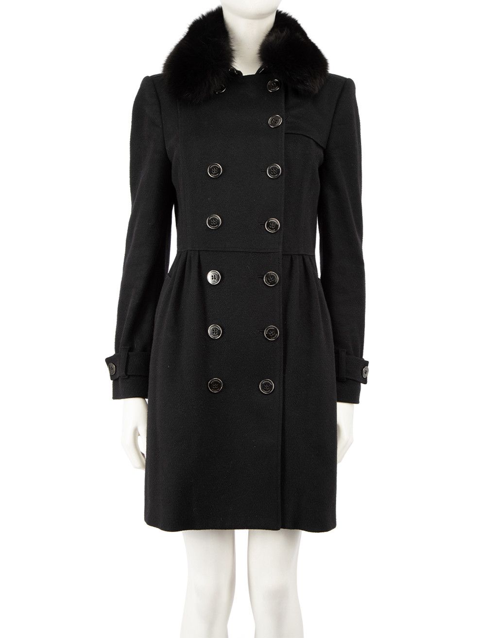 image of Burberry Black Wool Fur Trim Mid-Length Coat, Women's (Size Small)