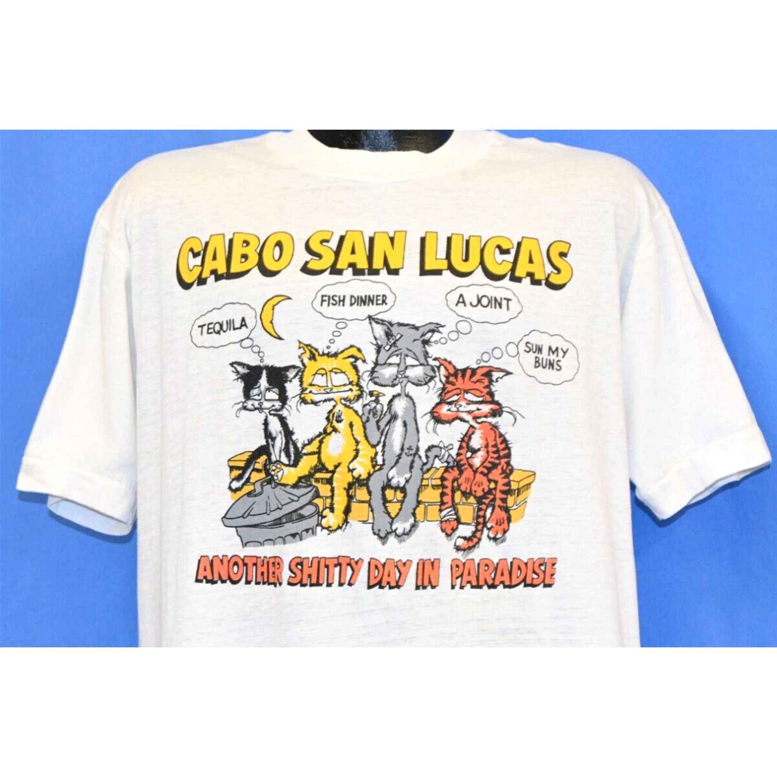 image of VTG 80's Cabo San Lucas Mx Another Sh@y Day In Paradise Funny Cat T-Shirt XL in White, Men's