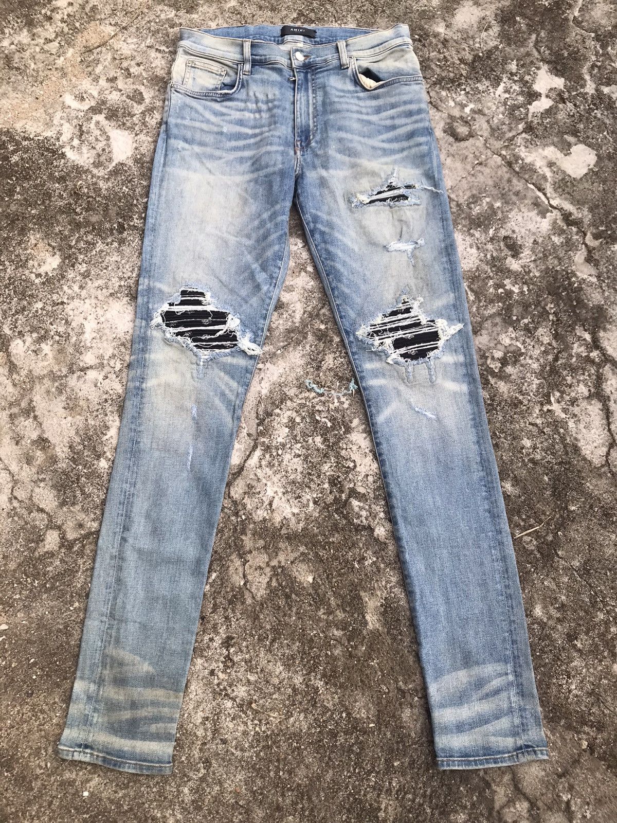 Amiri MX1 Distressed Patchwork Washed Blue Stretch Denim