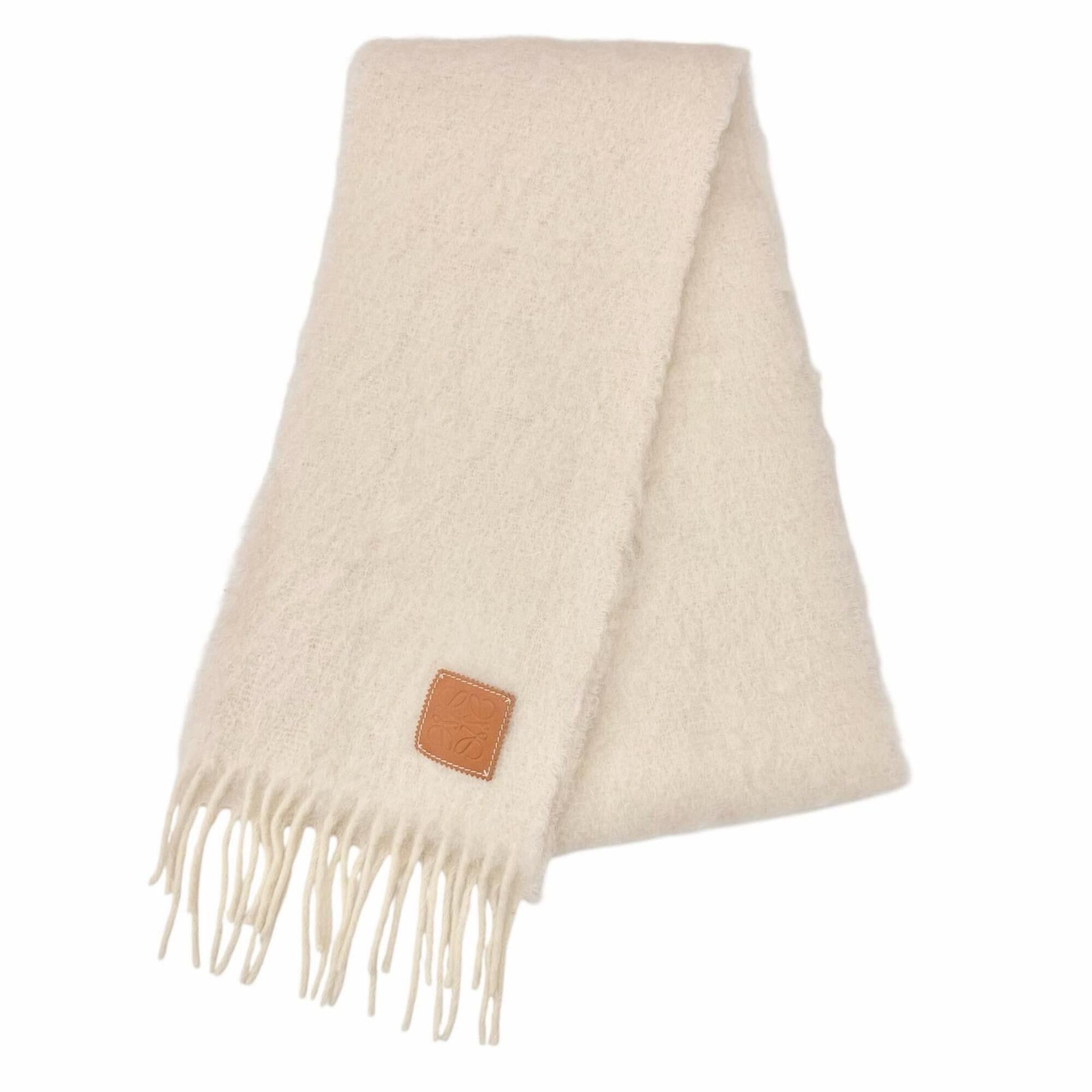 Loewe LOEWE Mohair Wool Blend Fringe Anagram Leather Patch Long Stole/Scarf, Ivory, Made in Spain, Authentic, Women's Size ONE SIZE - 1 Thumbnail