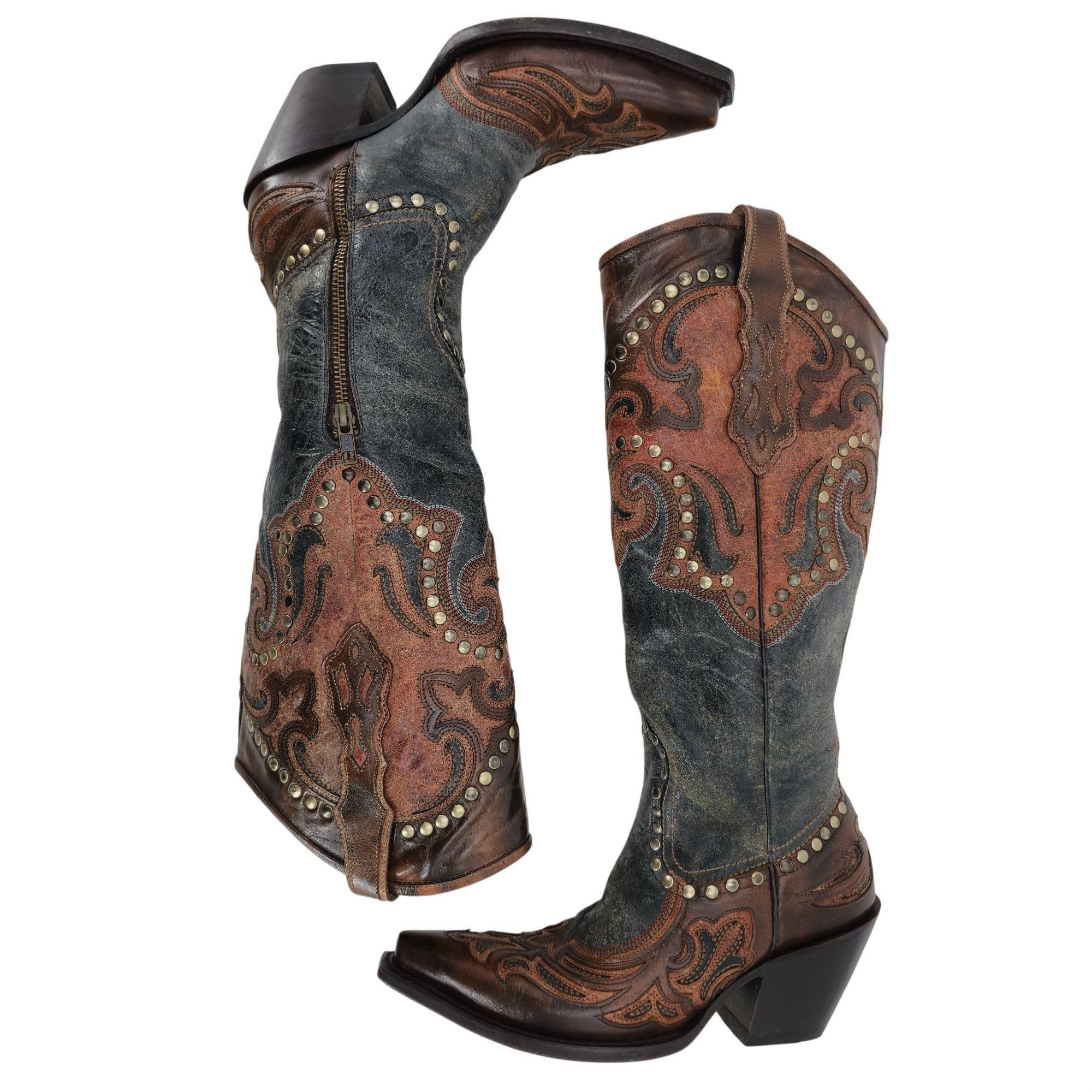 Corral Corral Cowgirl Women 6 Tall Brown Gray Studded Leather Boots Size US 6 / IT 36 - 6 Thumbnail