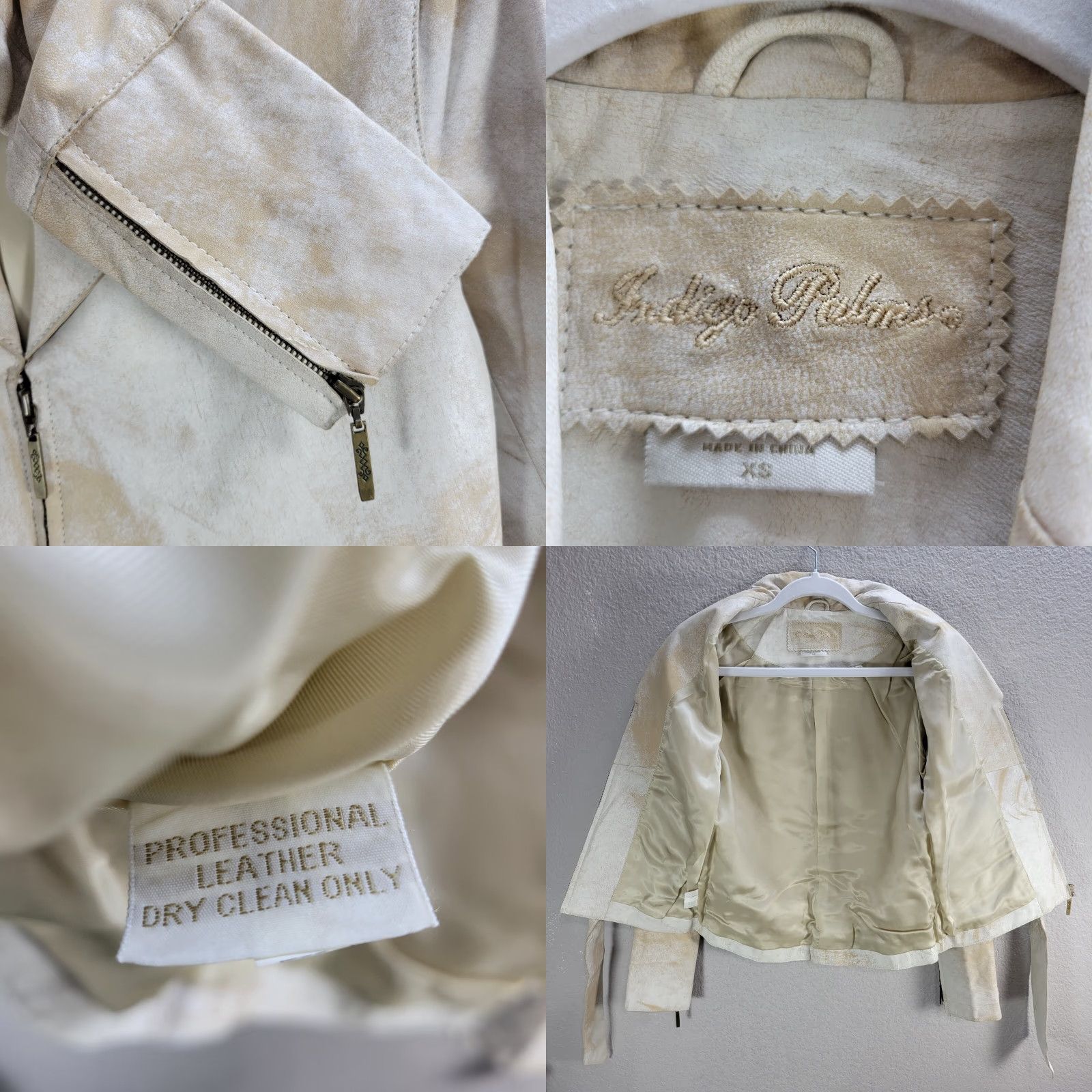 Vintage Indigo Palms Beige Distressed Zip Up Biker Leather Jacket Zipped Cuffs XS Womens Jacket Size XS / US 0-2 / IT 36-38 - 8 Thumbnail