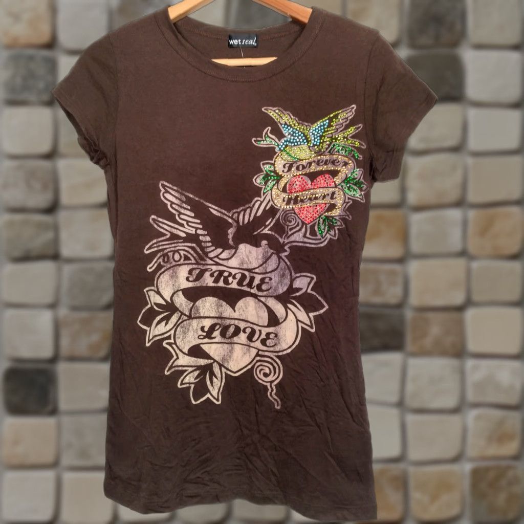 Vintage VINTAGE Wet Seal T-Shirt Women Juniors XL Brown Casual Winged Heart Rhinestones 2000s Size XL / US 12-14 / IT 48-50 - 1 Thumbnail