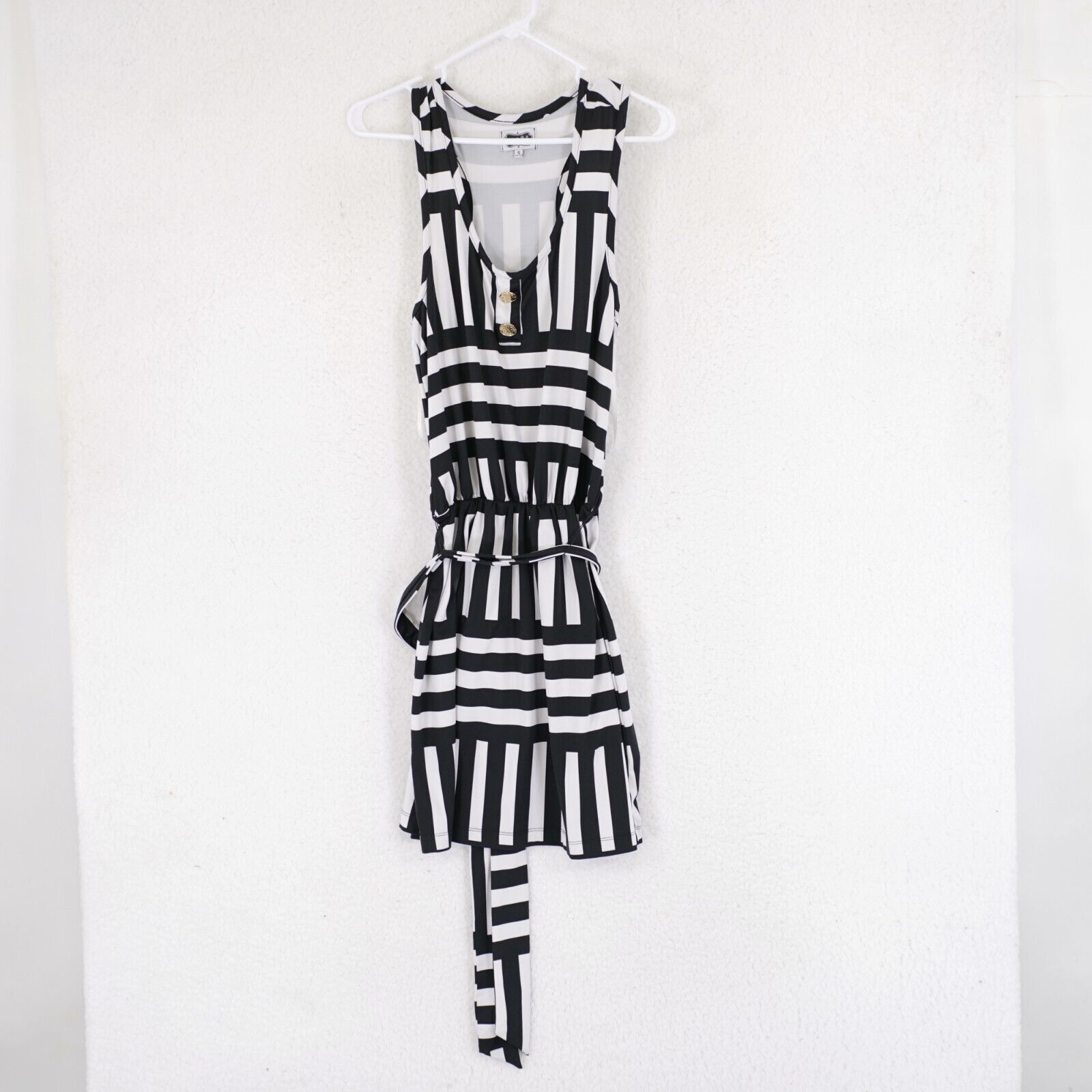 Designer Magpie Blue Small White Striped Plunging Neck Scrunch Belt D Size S / US 4 / IT 40 - 2 Thumbnail