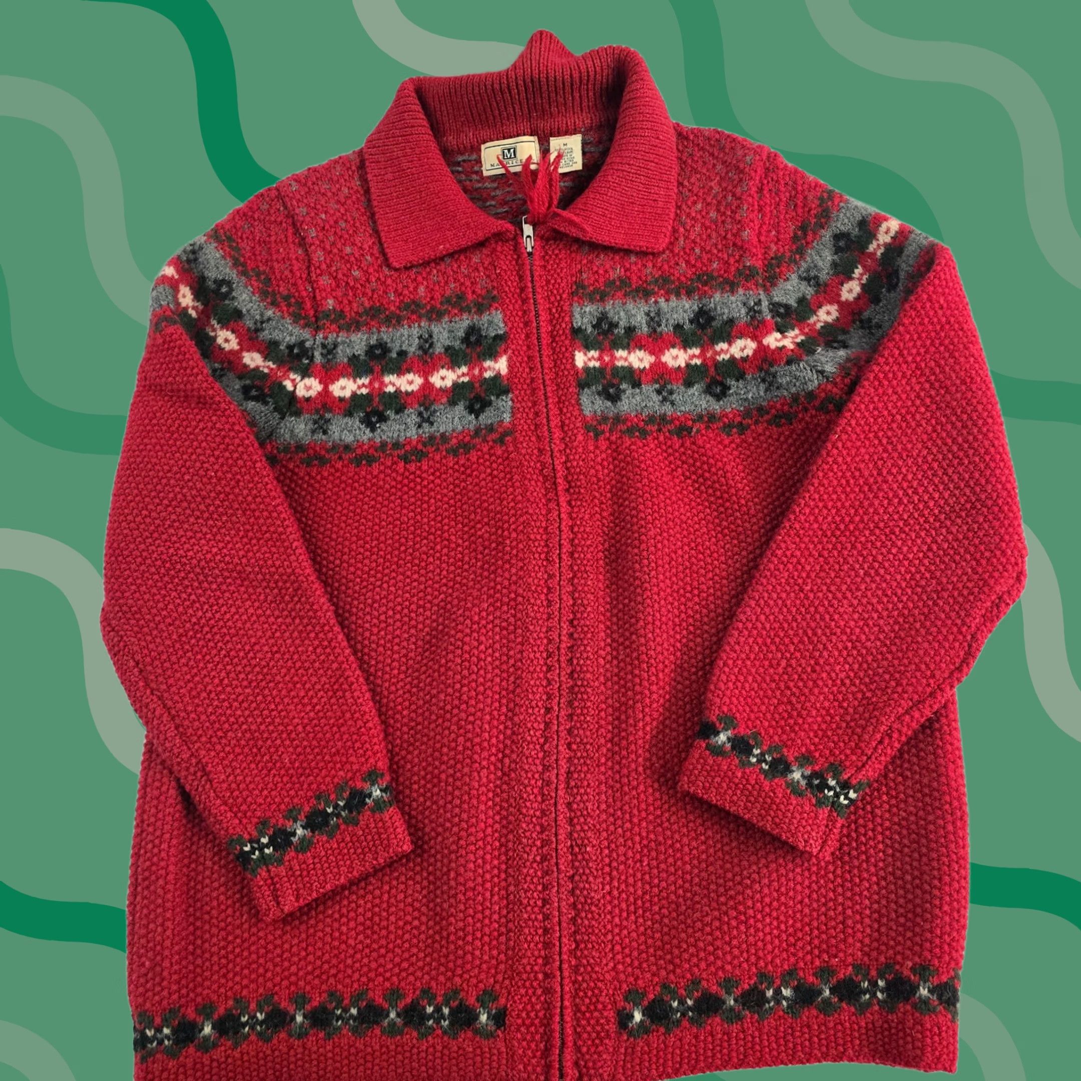 Vintage VINTAGE Maurices Women’s Red Fair Isle Zip Cardigan Sweater M 100% Wool Size M / US 6-8 / IT 42-44 - 1 Thumbnail