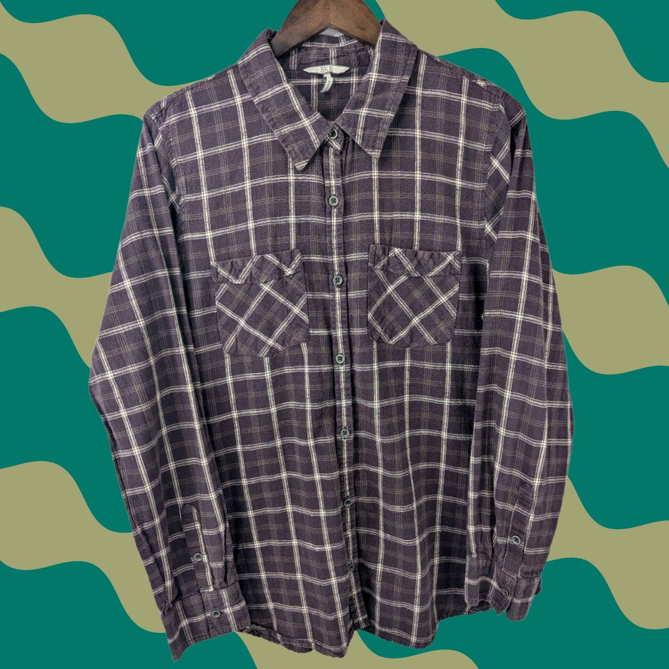 BKE BKE Button-Up Shirt Burgundy Brown Plaid Long Sleeve Women’s Size L/XL Knit 100% Cotton Casual Fall Spring Summer Winter Size L / US 10 / IT 46 - 1 Thumbnail