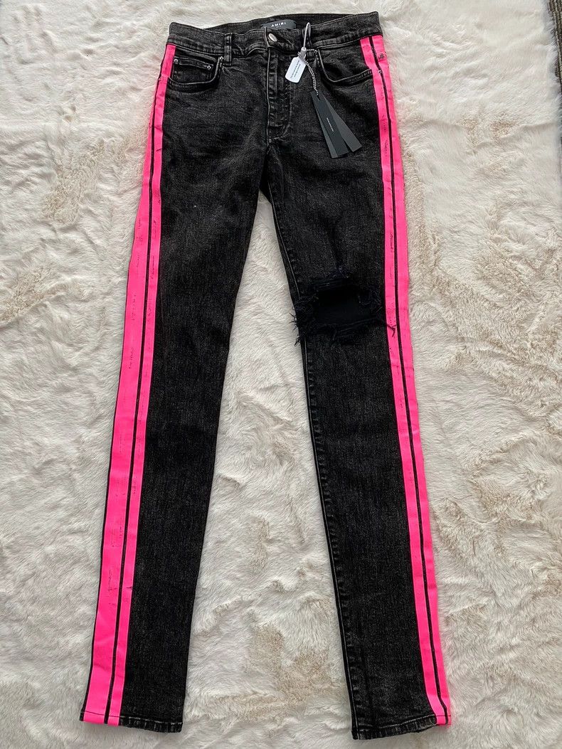 Amiri Amiri Black and Pink Side Stripe Destroyed Jean Size US 31 - 1 Thumbnail