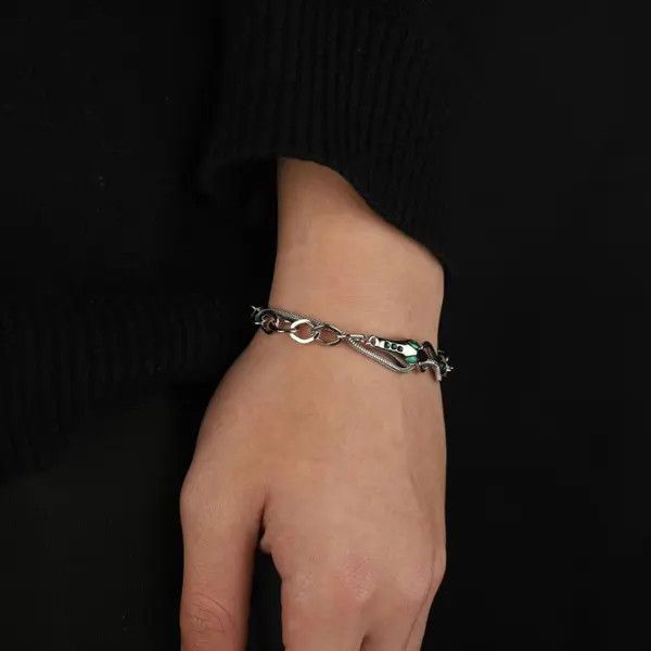 Jewelry Silver Chain Link Bracelet with Green Gem Accents Size ONE SIZE - 5 Thumbnail