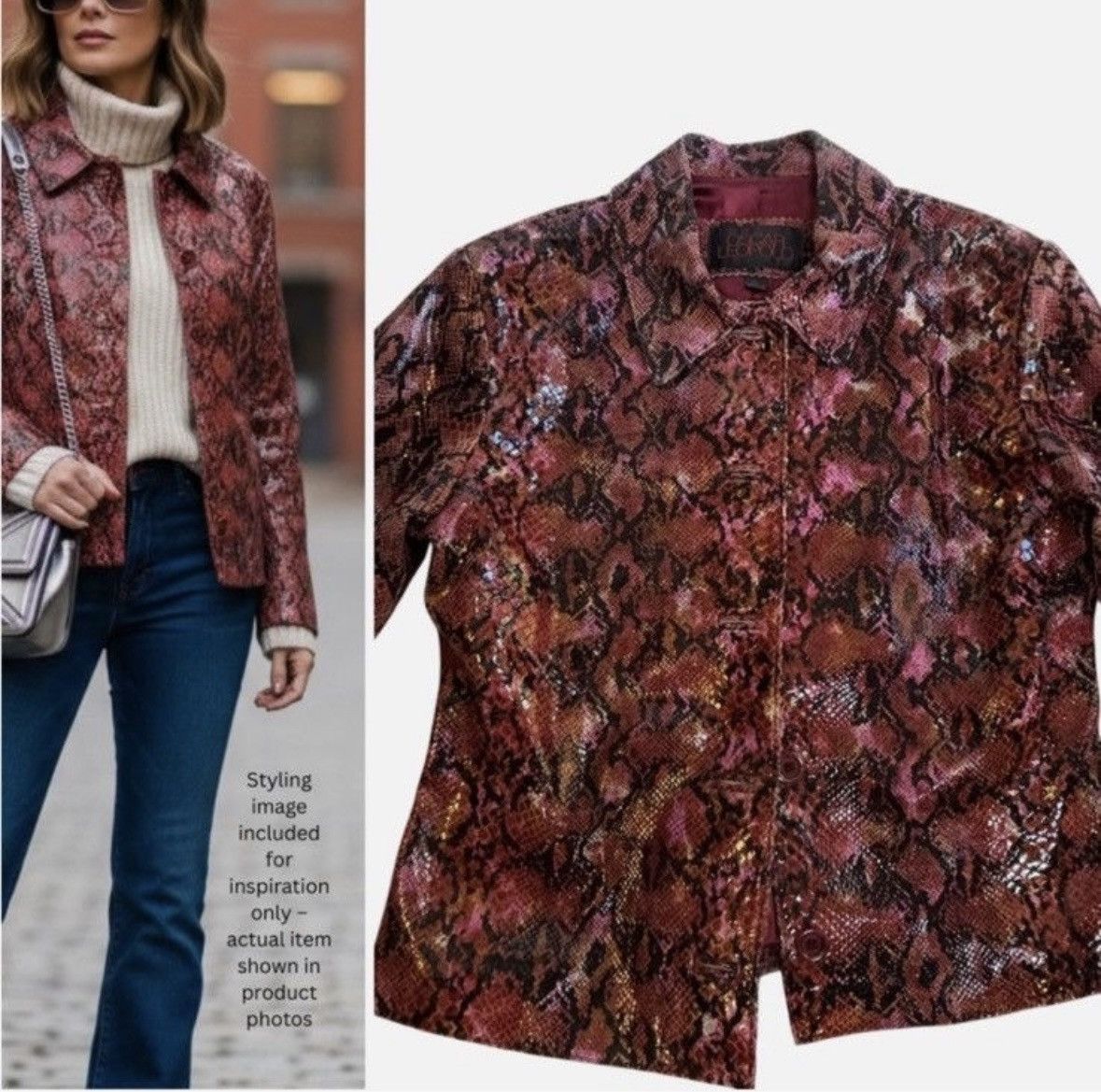 Other VTG Brown Pink Black Python Leather Look Lambskin Jacket Size L / US 10 / IT 46 - 1 Thumbnail