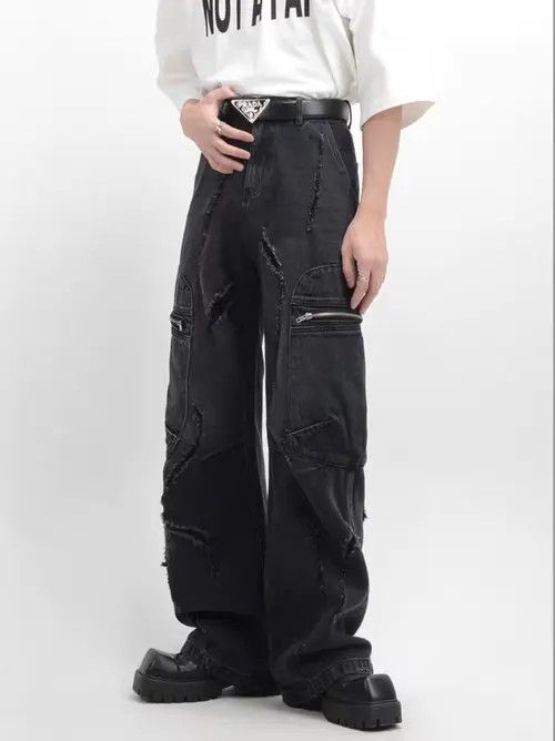 VIBE Retro raw edge washed distressed wide leg jeans Size US 34 / EU 50 - 5 Thumbnail