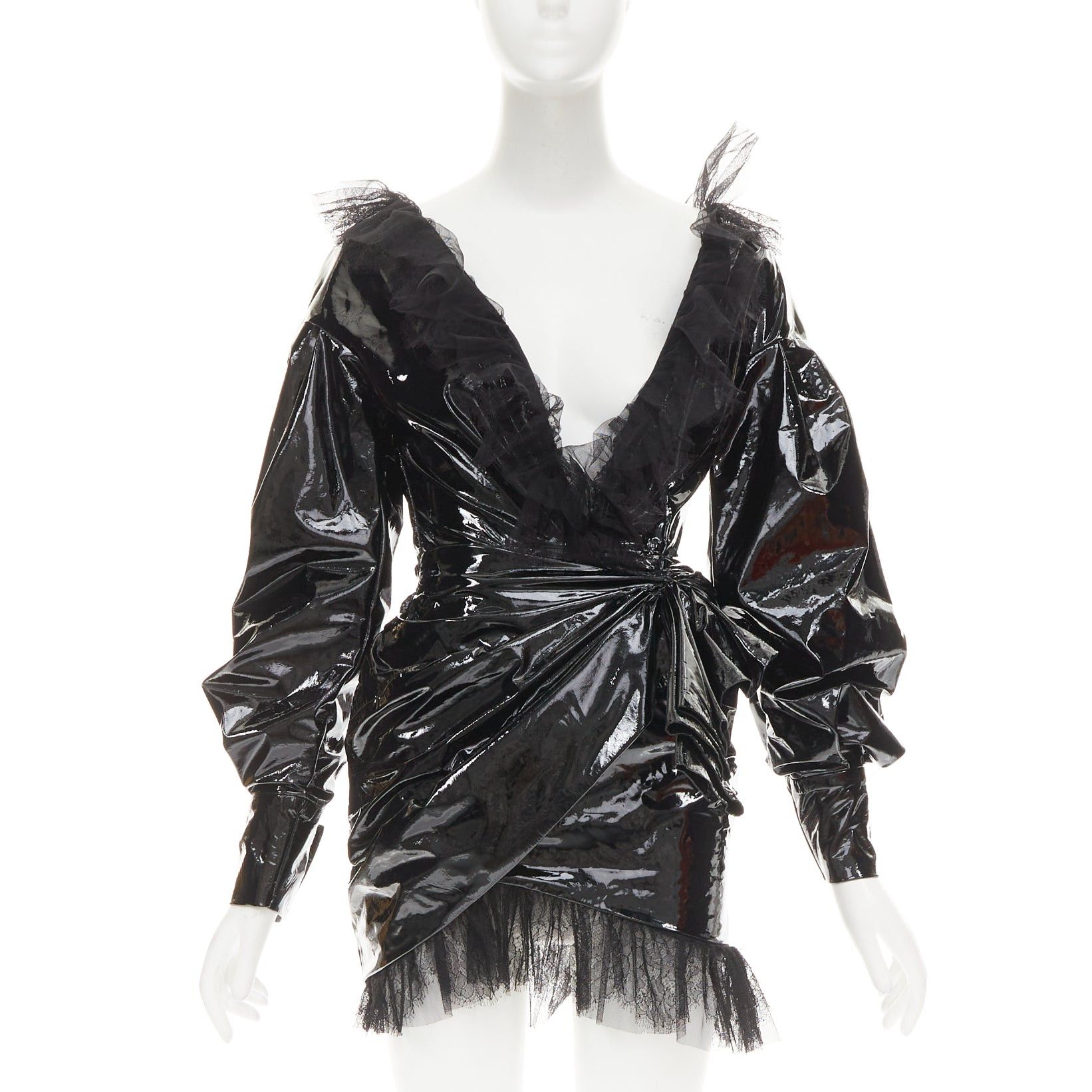 Alexandre Vauthier rare ALEXANDRE VAUTHIER COUTURE AW2018 Runway black PVC tulle lace plunge wrap mini dress Size S / US 4 / IT 40 - 1 Thumbnail