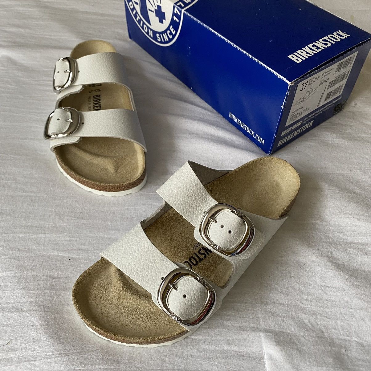 image of Birkenstock Arizona Chrome Hearts White Shoes, Men's (Size 5)