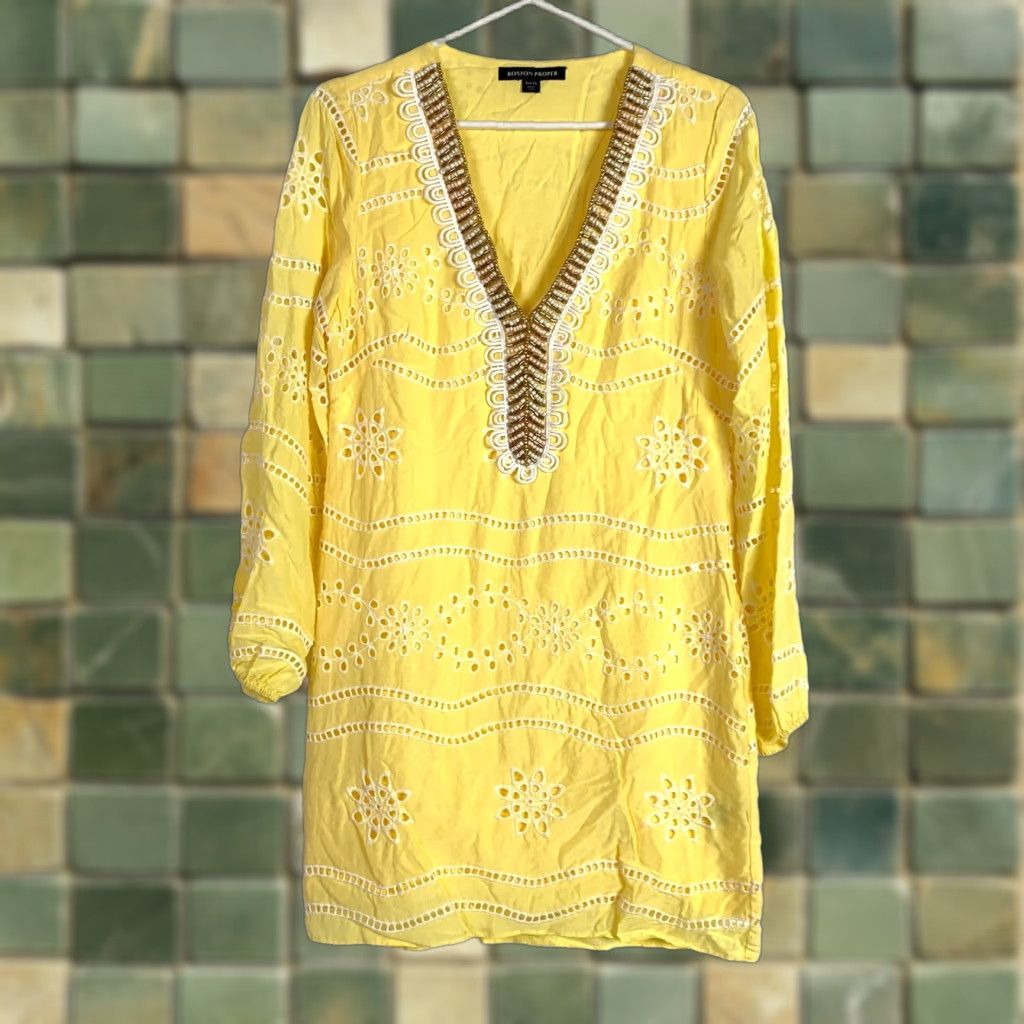 Boston Proper Boston Proper Dress Sundress Tank Dress Beaded V-Neck Yellow White Eyelet Short XS Womens XS Size 26" / US 2 / IT 38 - 1 Thumbnail