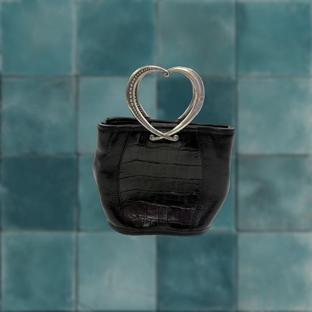 Brighton VINTAGE Brighton Satchel Top Handle Bag Womens Small Black Croc Leather Heart Handles Size S / US 4 / IT 40 - 1 Thumbnail