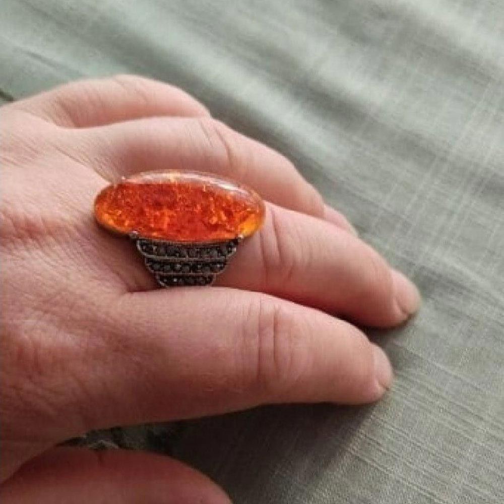 Designer Vintage 32mm Orange Amber Antique Silver Ring - Size 7 Size ONE SIZE - 7 Thumbnail