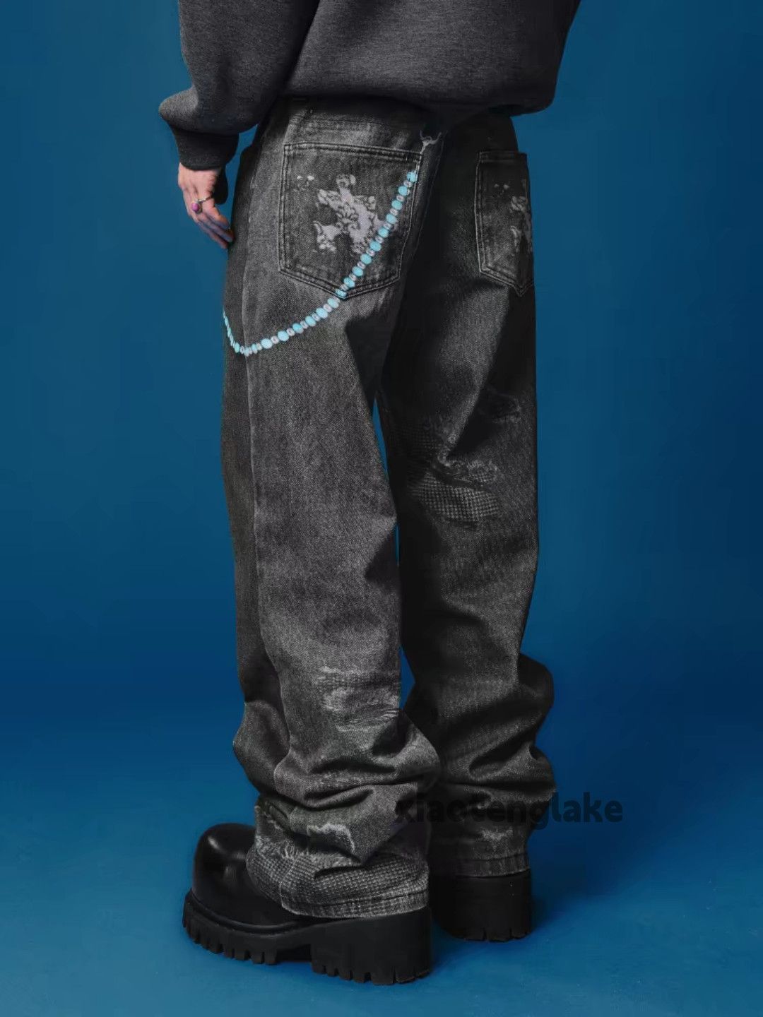 Jean × Vintage Unisex utility skate hiphop digital print chain jeans Size 32 - 5 Thumbnail