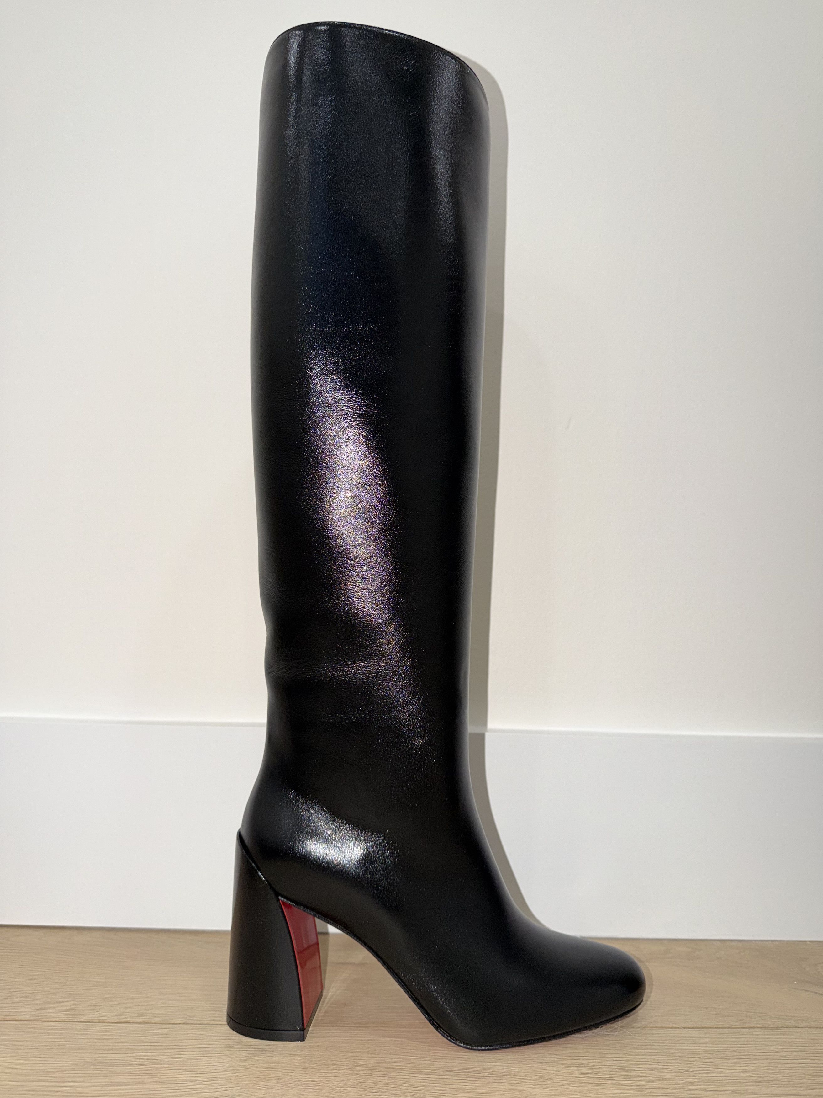 Janitta 85 Black Leather Knee High Block Heel Boot 38.5