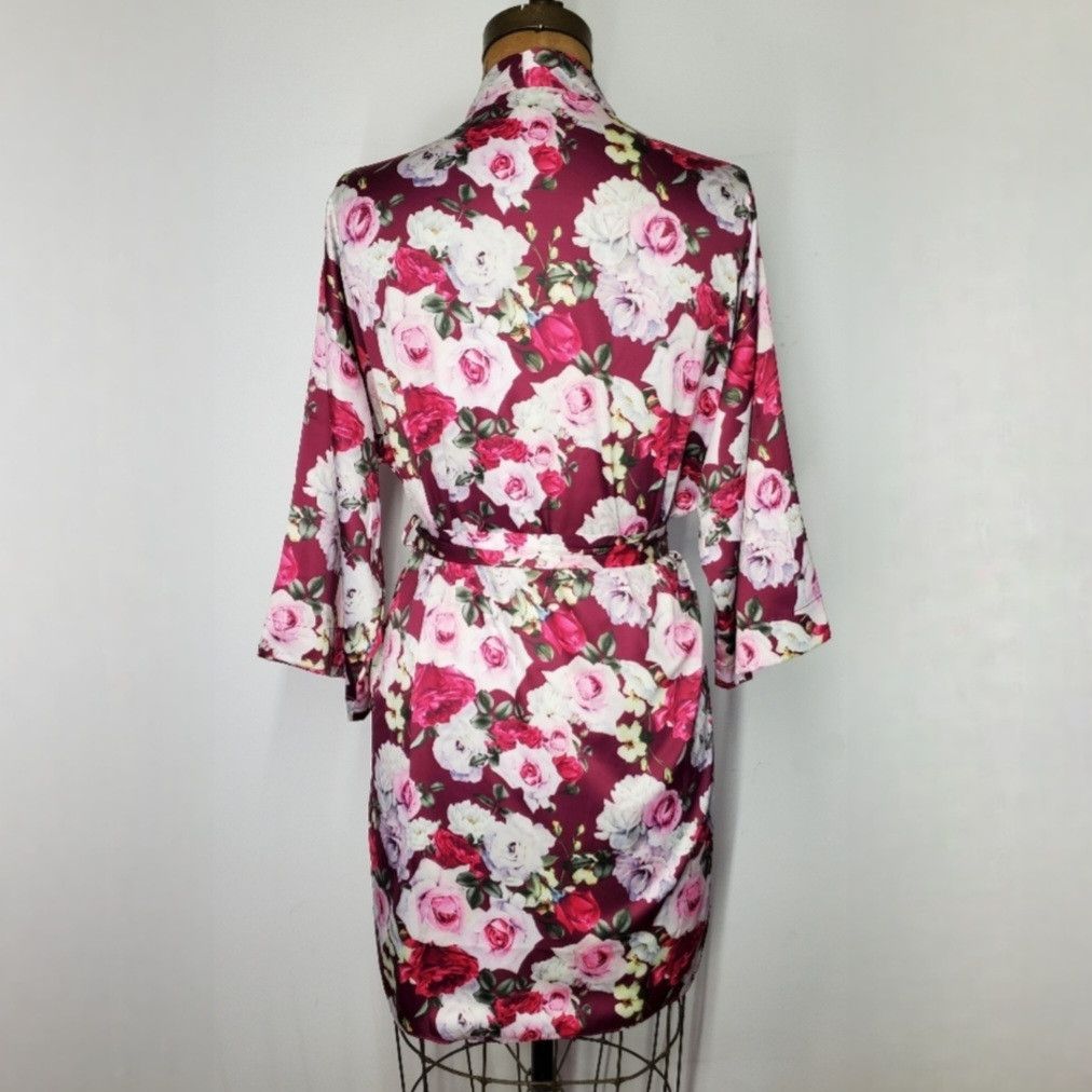 Other Flora Nikrooz Size M/L Robe Satin Rose Floral Pink Burgundy Size ONE SIZE - 4 Thumbnail