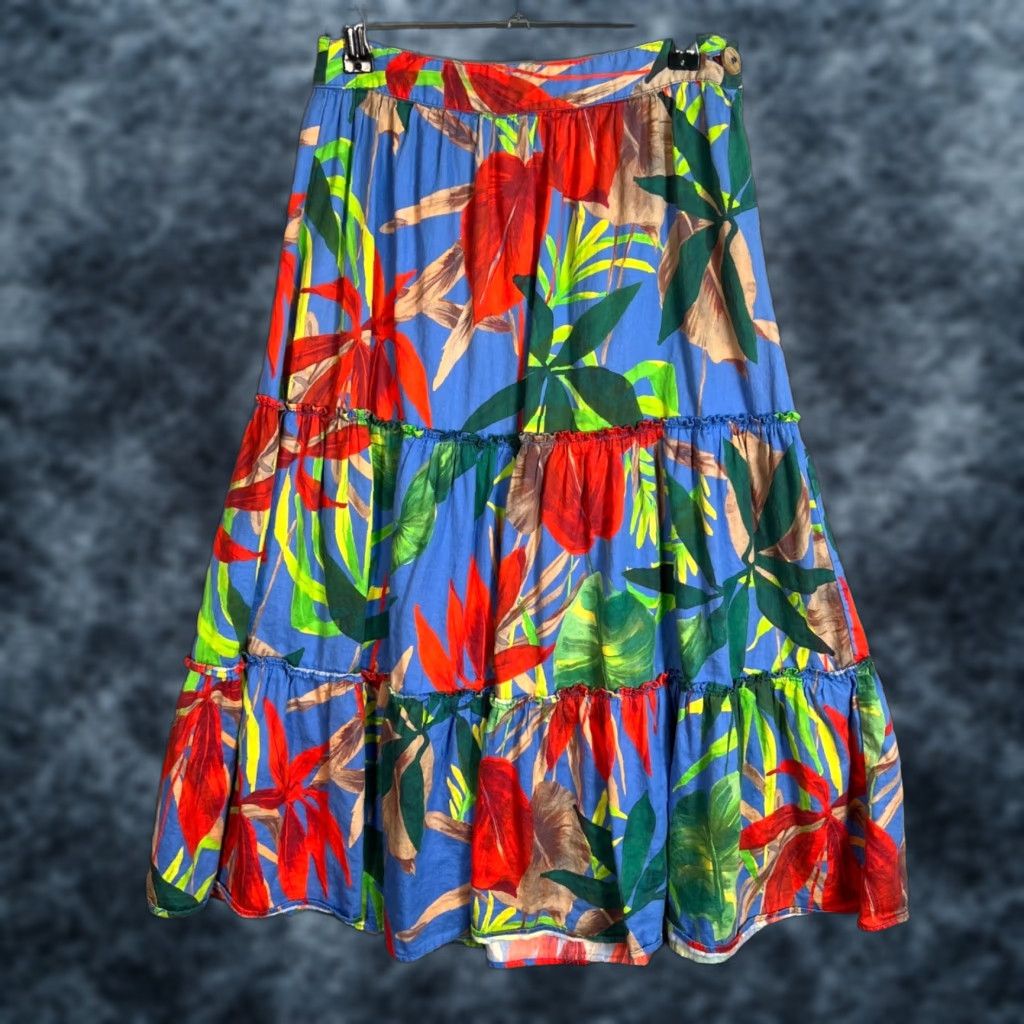Zara Zara Womens XS Tiered Floral Print Skirt Midi Blue Cotton Polyester A-Line Sort Casual Party/Cocktail Womens Skirt XS Size 26" / US 2 / IT 38 - 1 Thumbnail