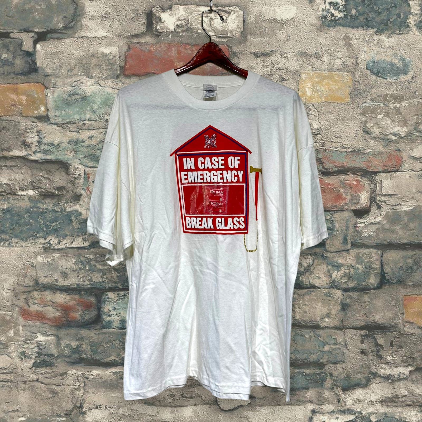 image of Delta x Vintage Condom Shirt In Case Of Emergency Break Glass 90's in White, Men's (Size 2XL)