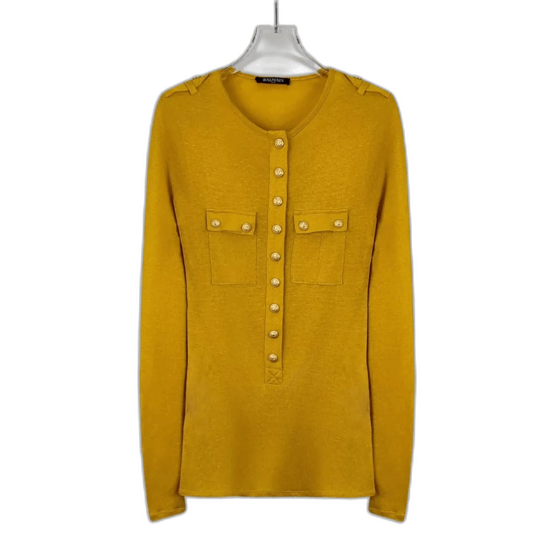 Balmain Yellow Wool Long Sleeve Button Knit Top Size XXS / US 00 / IT 34 - 1 Thumbnail