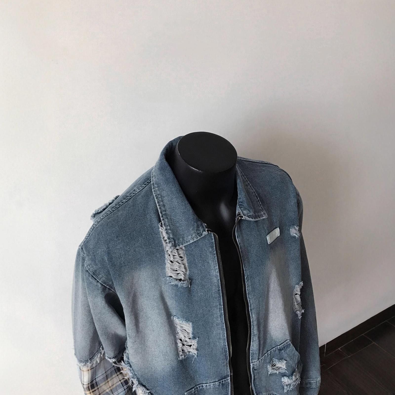 Vintage Blue Distressed Plaid Patchwork Denim Jacket Size US M / EU 48-50 / 2 - 5 Thumbnail