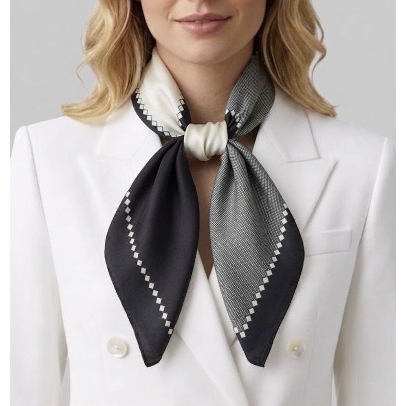 Other ⭐Luxury Elegant Silky Scarf Black Grey Taupe Plaid Geometric Size ONE SIZE - 1 Thumbnail