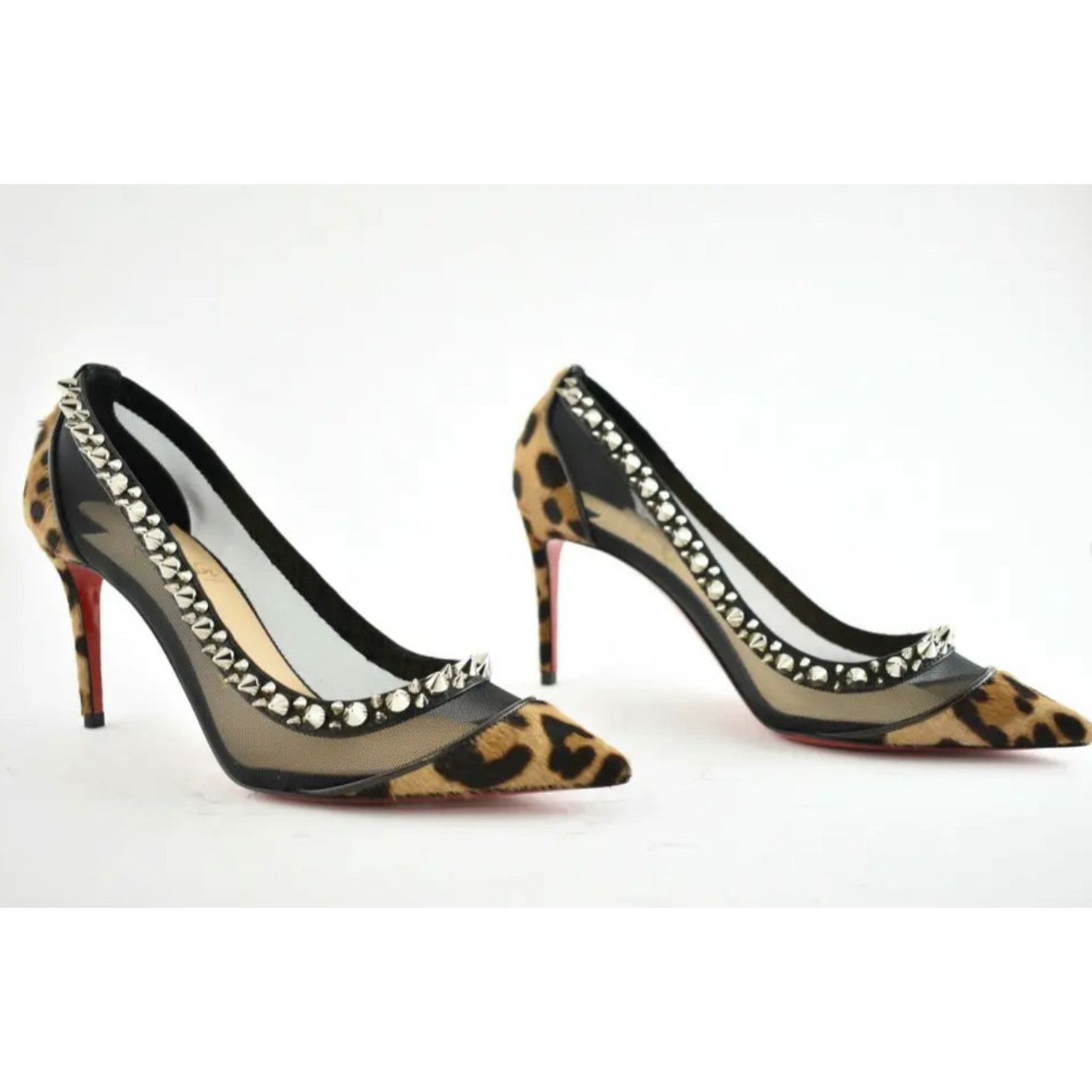 Christian Louboutin Galativi Spikes 85 Black Leopard Mesh Pointed Heel Pump 37 Size US 7 / IT 37 - 4 Thumbnail