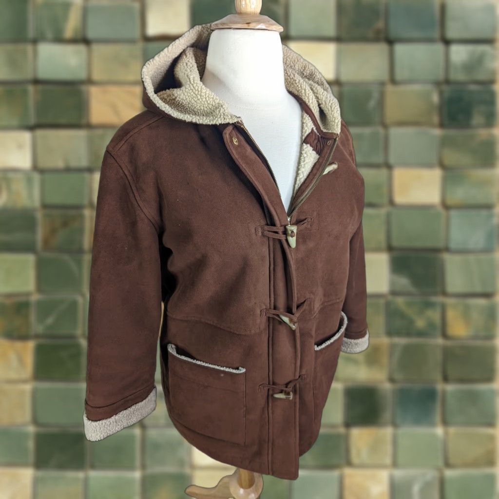 Ralph Lauren VINTAGE Ralph Lauren Vegan Faux Leather Suede Coat Jacket Sherpa Lined Hooded Large PS Brown Womens Coat Size L / US 10 / IT 46 - 1 Thumbnail