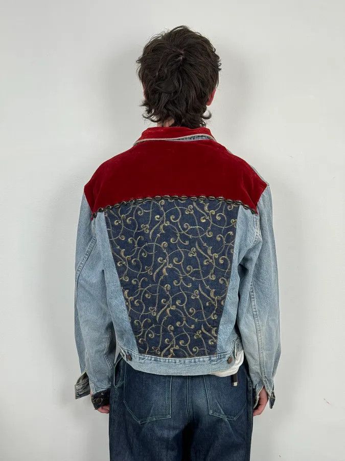 Katharine Hamnett London 1980s Katherine Hamnett Blue Denim Floral Jacket with Red Velvet Size US M / EU 48-50 / 2 - 3 Thumbnail