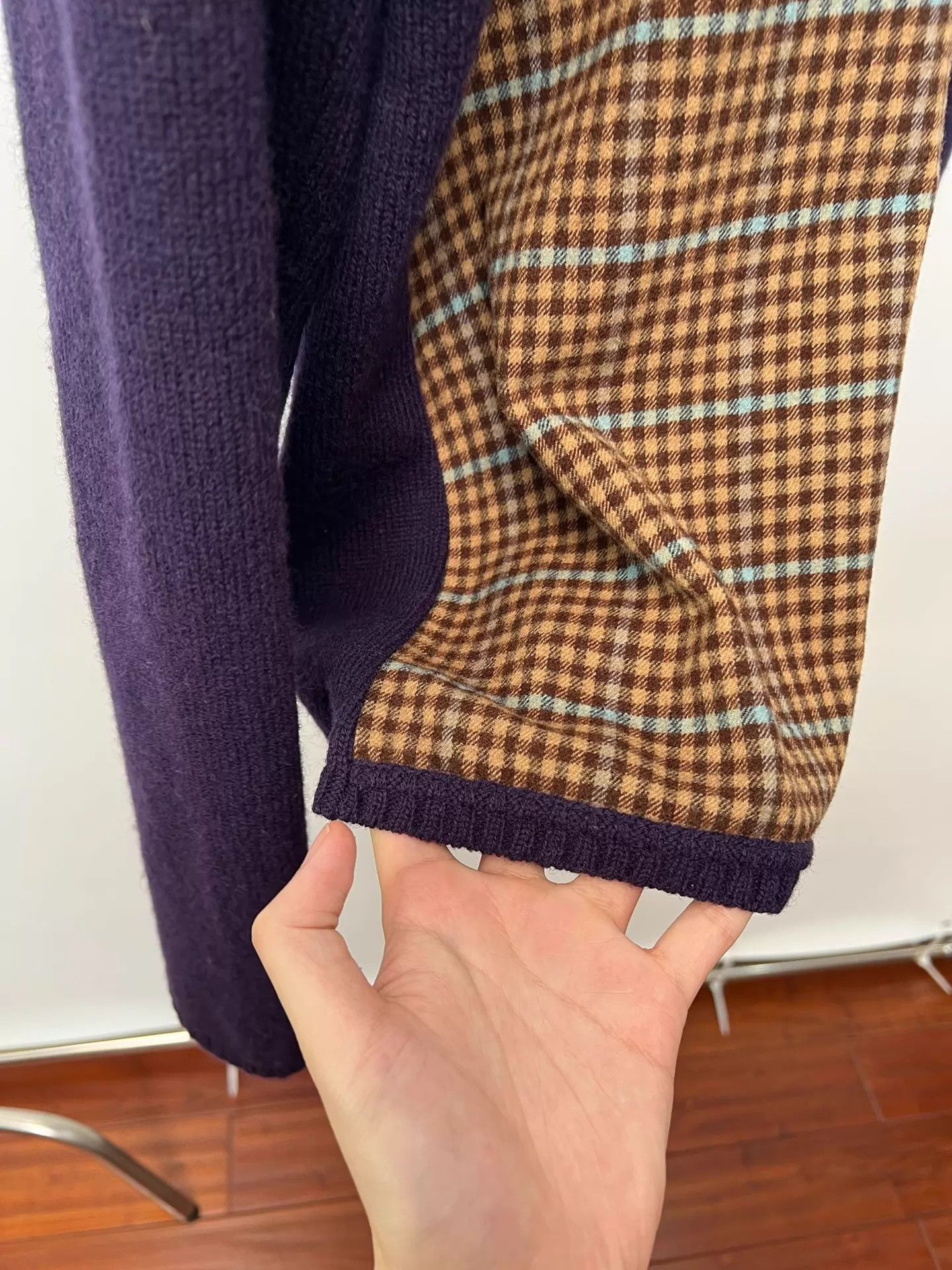 Dries Van Noten DVN Purple Check Colorblock Wool Sweater Size L / US 10 / IT 46 - 6 Thumbnail