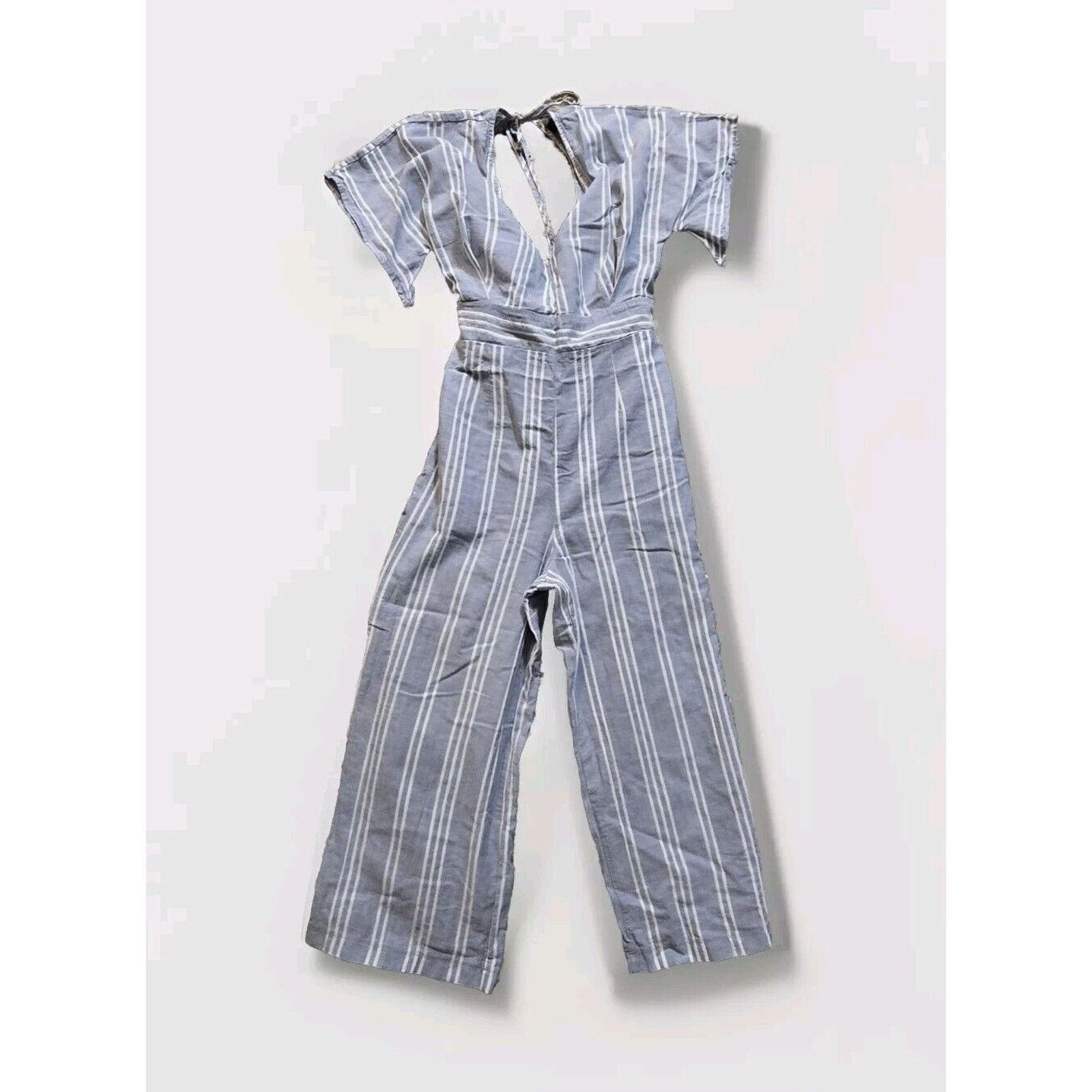 Zara Deep V Jumpsuit Romper Blue Stripe Open Back Wide Leg XS 3 Size 24" / US 00 / IT 34 - 2 Thumbnail