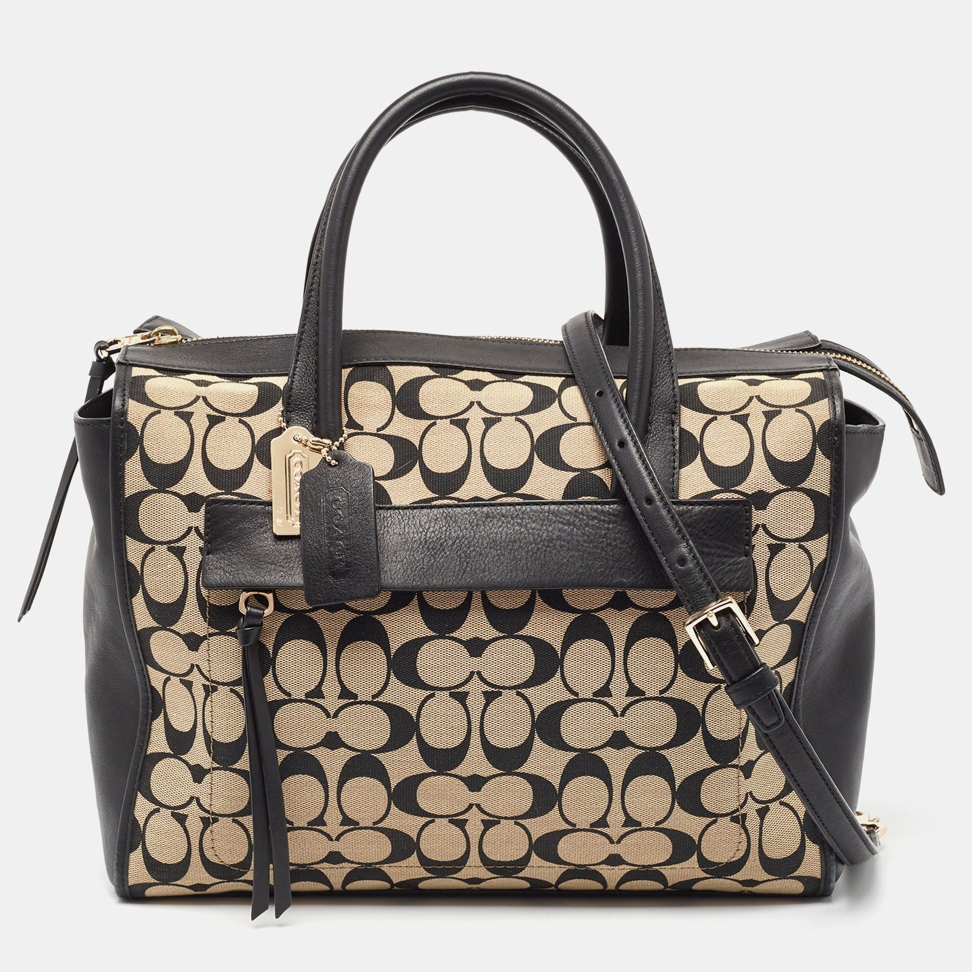 image of Coach Black Signature Canvas And Leather Bleecker Riley Tote, Women's
