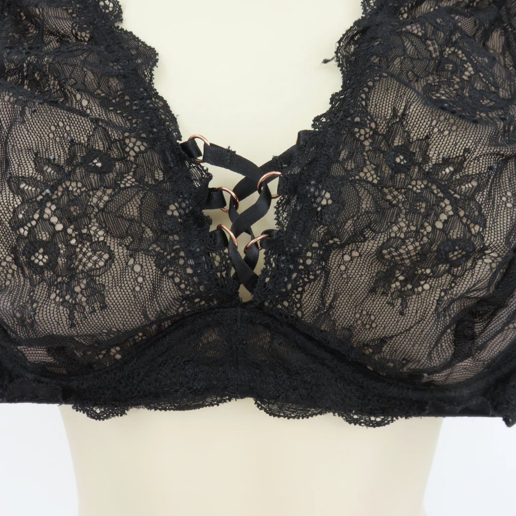 Vintage Smart & Sexy Bra 38D SA1225 Black Floral Flower Lace Underwire Unlined Lace Up Size ONE SIZE - 4 Thumbnail