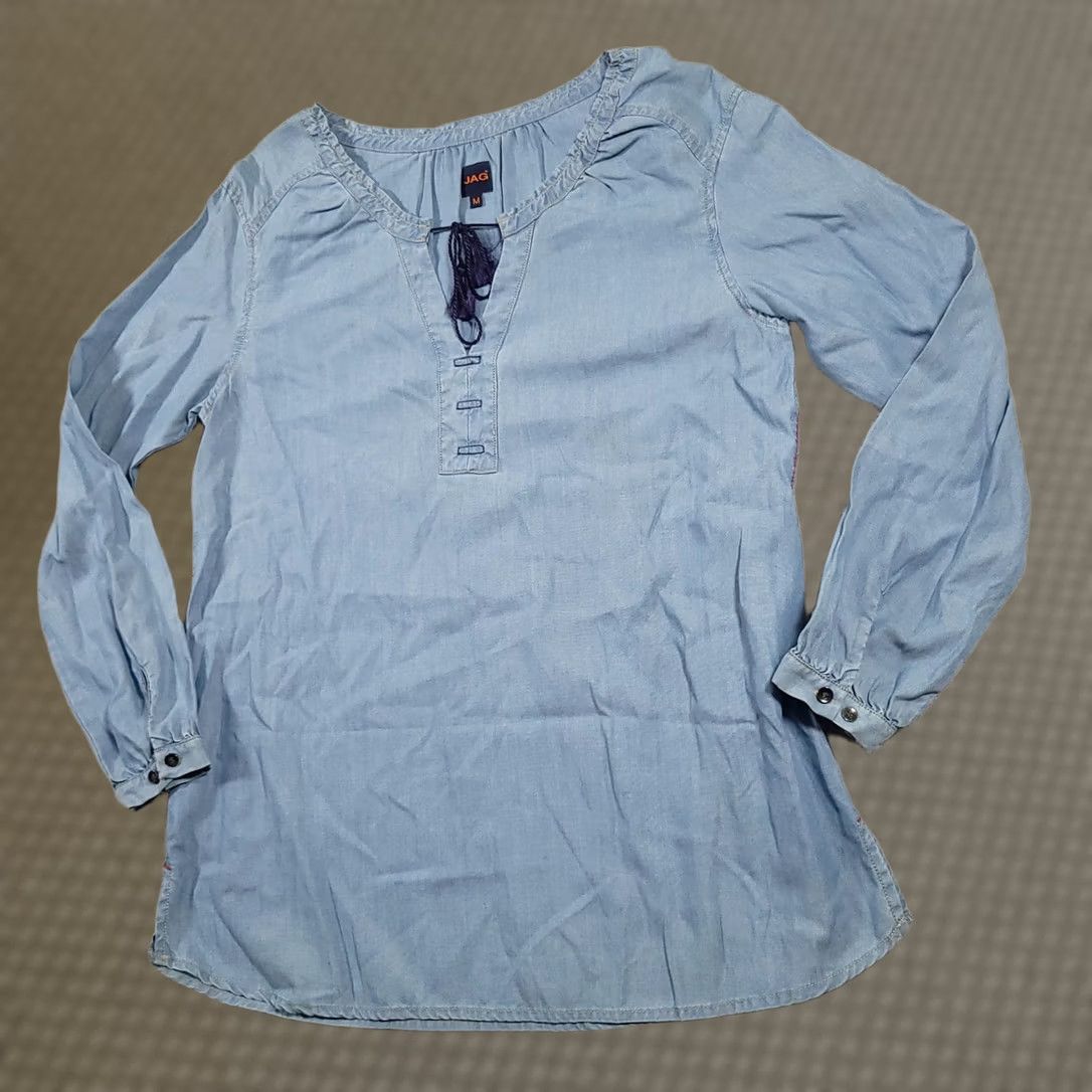 Vintage JAG Chambray Tassled V-Neck Long Sleeve Shirt Womens Medium Blue Size M / US 6-8 / IT 42-44 - 1 Thumbnail