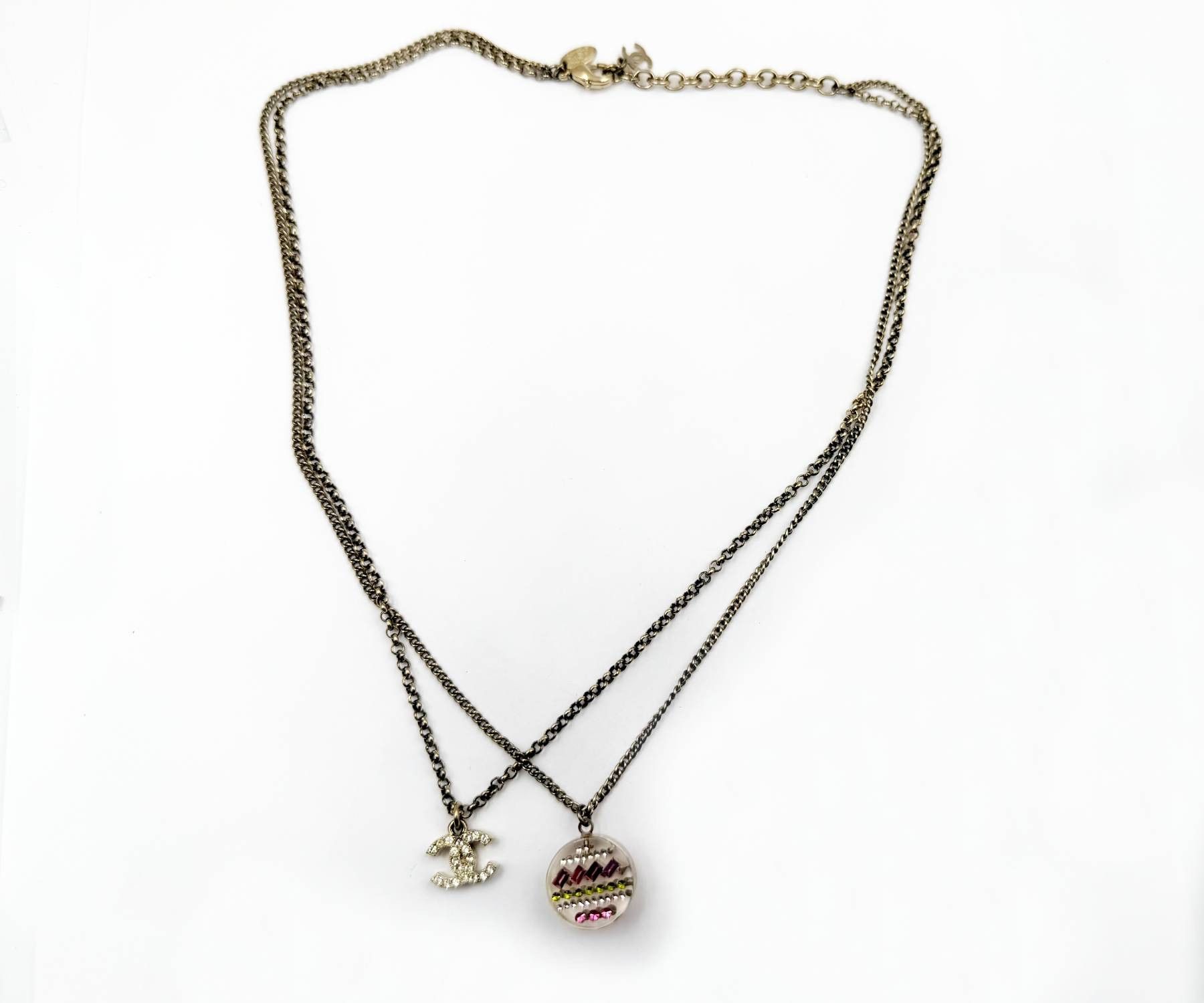Chanel Chanel Gold CC Round Resin Crystal Double Chain Necklace Size ONE SIZE - 1 Thumbnail