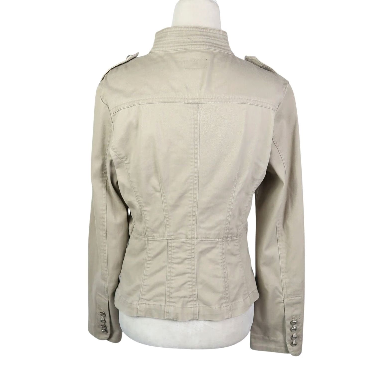 Mossimo VINTAGE Mossimo Jacket Women's Khaki Tan Button Front Band Short Cotton S Long Sleeve Bohemian Fall Spring 2000s Men/Women Size S / US 4 / IT 40 - 4 Thumbnail