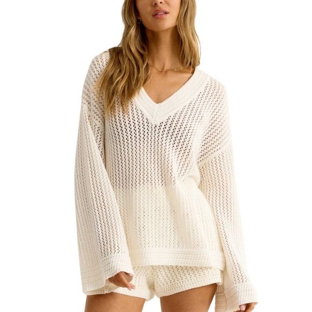 Z Supply Z Supply Kiami White Crochet V-Neck Sweater Size M / US 6-8 / IT 42-44 - 1 Thumbnail