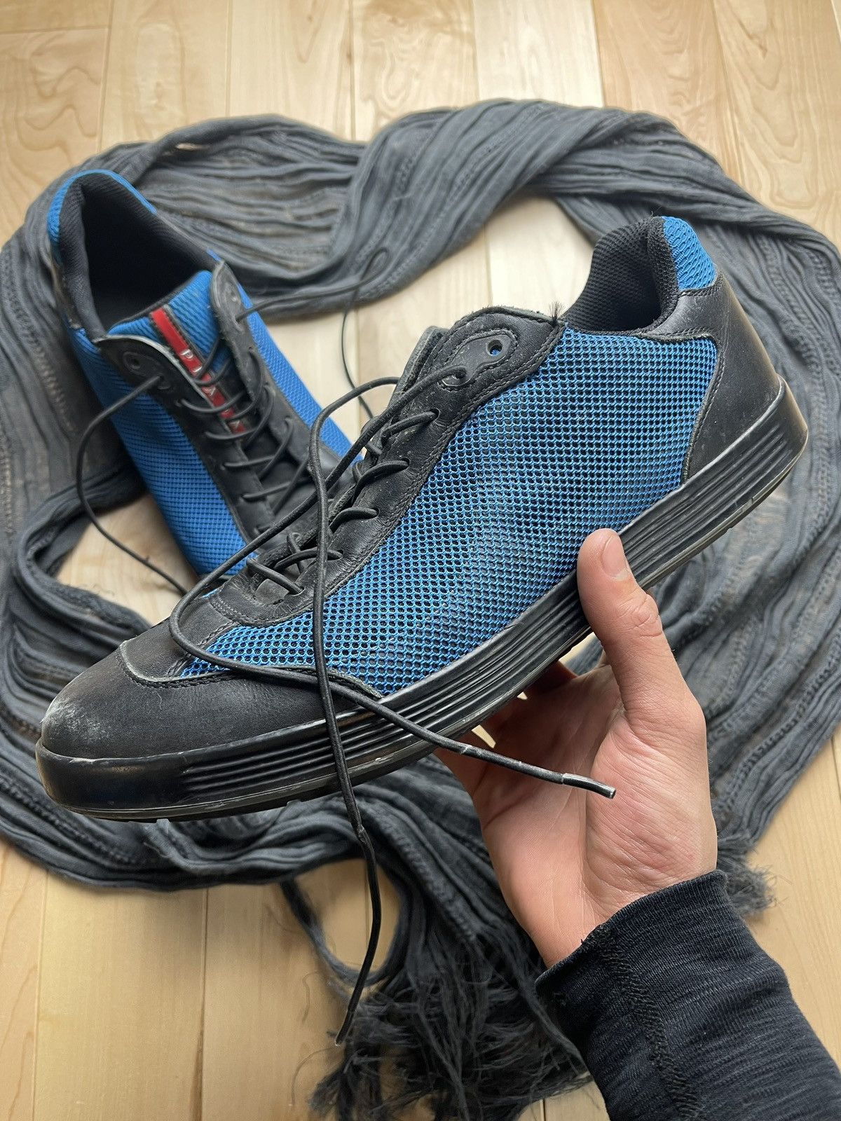 image of Vintage Prada Sport Blue Mesh Low Top Sneakers, Men's (Size 9.5)