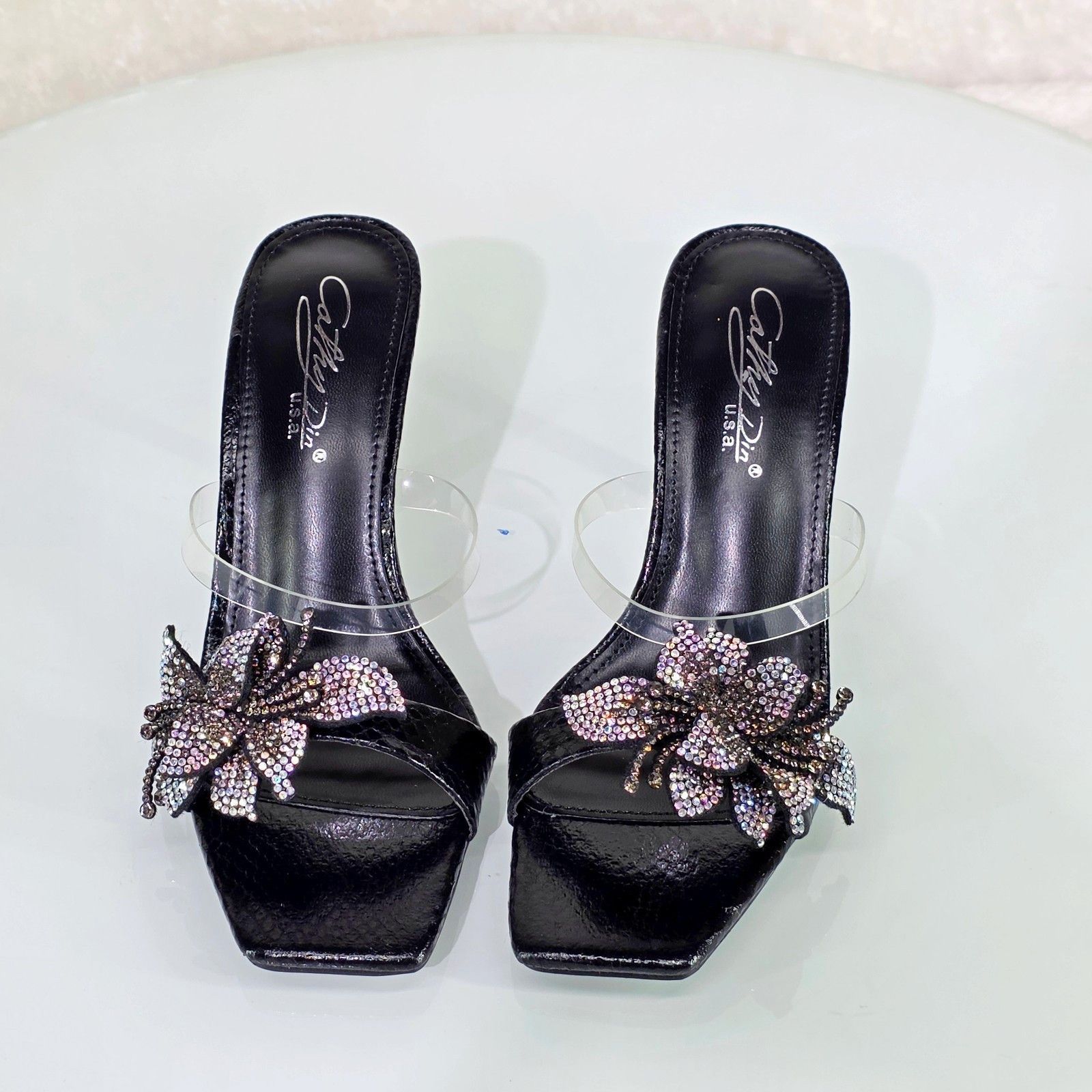 Other Lily Rhinestone Flower Black Slip On 3.25" Heel Casual Eveni Size US 8.5 / IT 38.5 - 1 Thumbnail