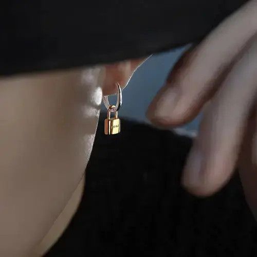 Other Titanium Steel Gold Lock Dangle Drop Earrings for Men Women Size ONE SIZE - 2 Thumbnail
