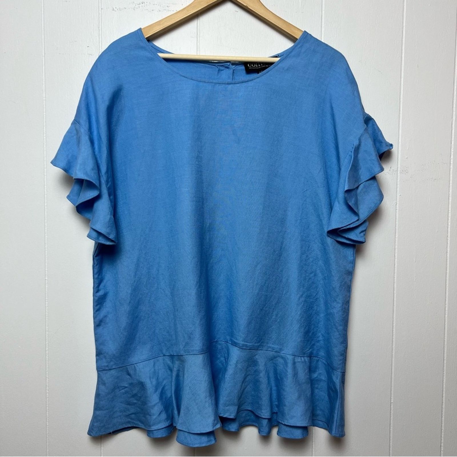 Lord & Taylor Blue Linen Blend Ruffle Sleeve Popover Blouse Size L Size L / US 10 / IT 46 - 6 Thumbnail