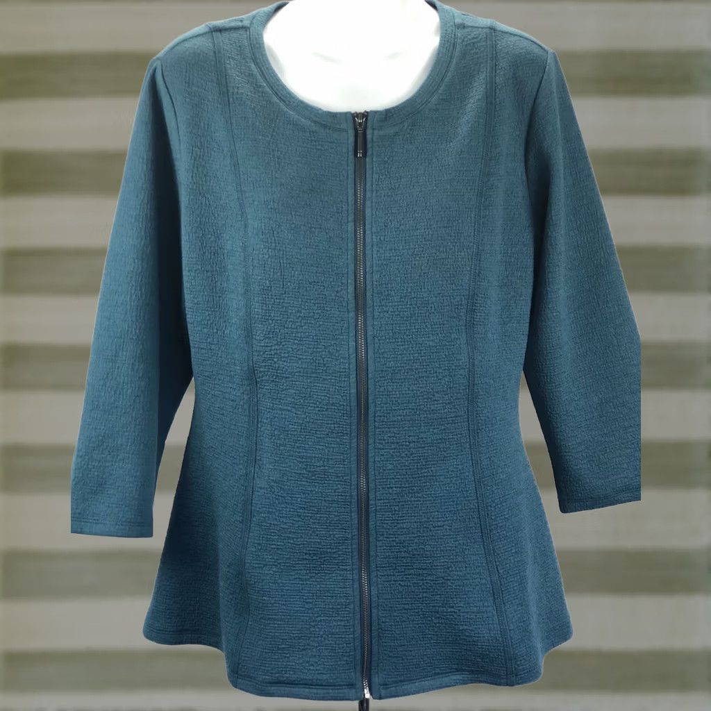 Vintage H by Halston Blouse Teal Zip Front Scoop Neck 3/4 Sleeve Peplum Shirt Womens S Vintage: No Size S / US 4 / IT 40 - 1 Thumbnail