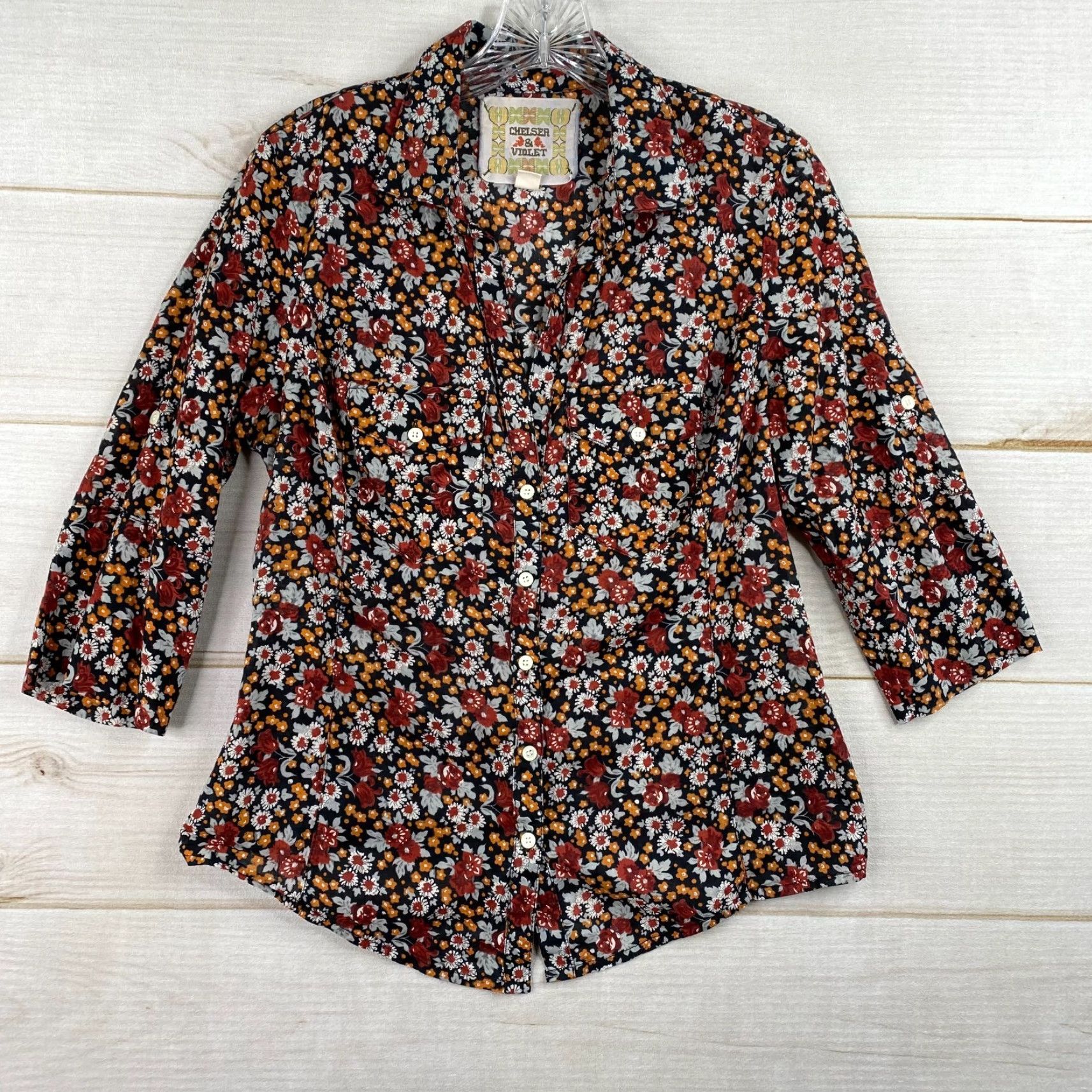 Vintage Chelsea & Violet Blouse Womens M Brown Floral Button Up 3/4 Sleeve Boho Prairie Shirt XS? Size M / US 6-8 / IT 42-44 - 2 Thumbnail