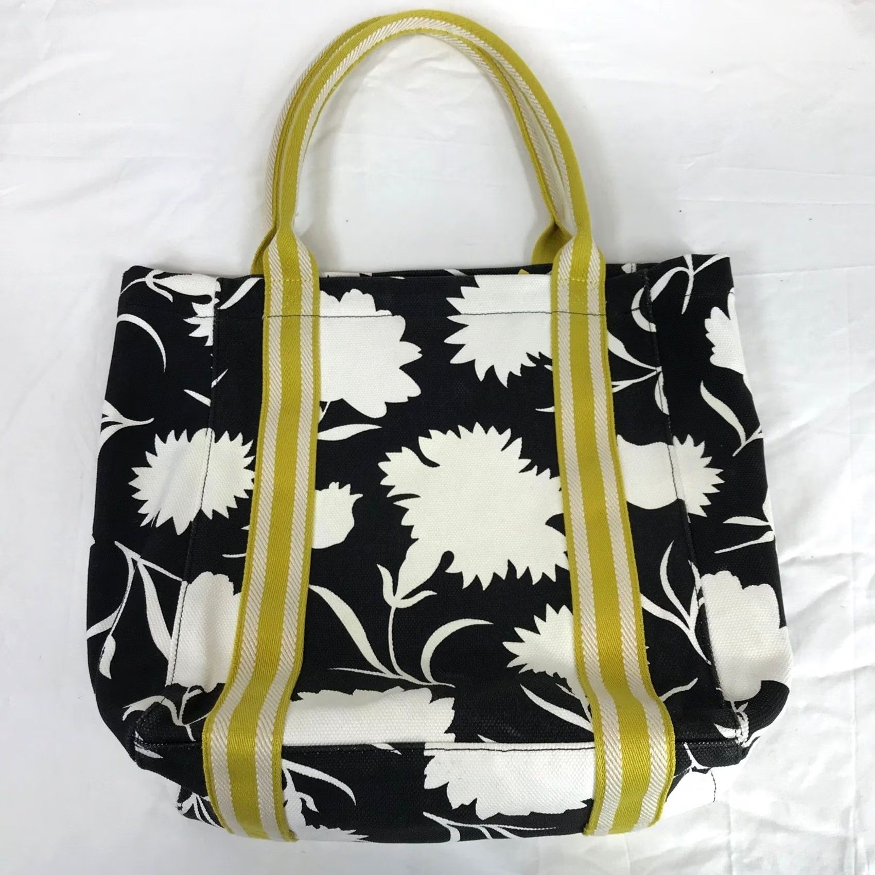 Vintage Bag Black White Floral Canvas Tote Yellow Stripe Shoulder Handles Ao907 Size ONE SIZE - 5 Thumbnail